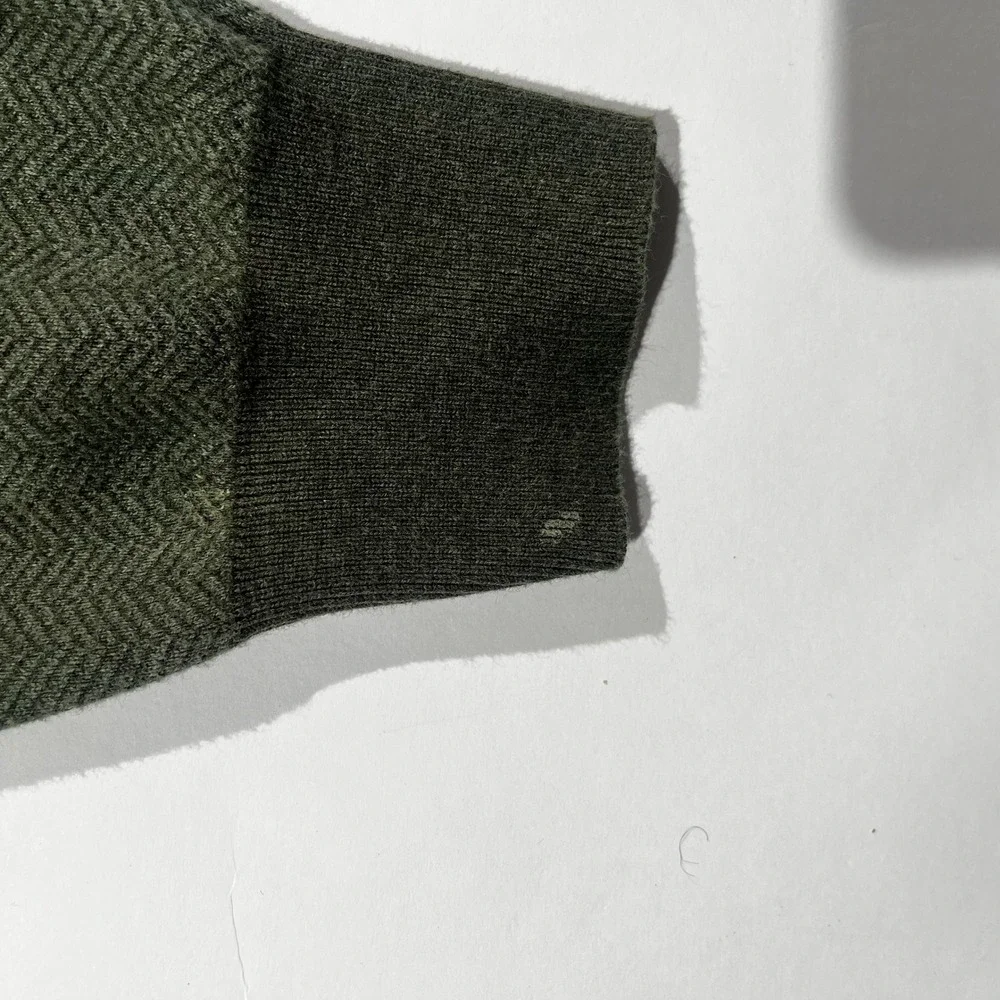 J.Crew Mens Large Green Herringbone 100% Cotton Quarter Zip Pullover Sweater